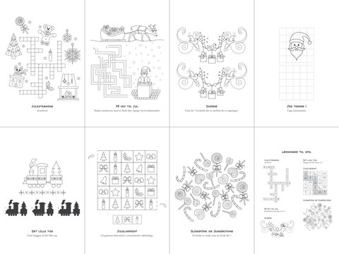 Set of seven games. Christmas Theme. Game and coloring page for kids. Danish language. Vector illustration. Set No. 2.	