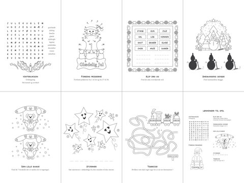 Set of seven games. Christmas Theme. Game and coloring page for kids. Danish language. Vector illustration. Set No. 3.	