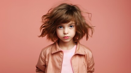 Little girl in a pink jacket. Studio portrait on a pink background. Generative AI