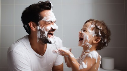 Happy father and son having fun in the bathroom. Funny family. Generative AI - obrazy, fototapety, plakaty