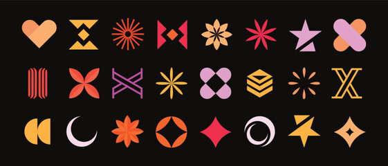 Brutalist abstract geometric shapes and grids. Brutal contemporary figure star oval spiral flower and other primitive elements. Bauhaus memphis design.