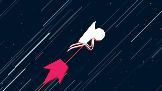 Garden wheelbarrow symbol flies through the universe on a jet propulsion. The symbol in the center is shaking due to high speed. Seamless looped 4k animation on dark blue background with stars