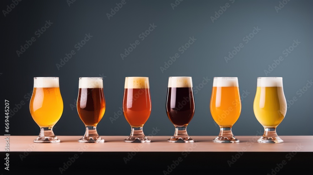 Poster glasses of different beer on a dark background. 3d rendering generative ai