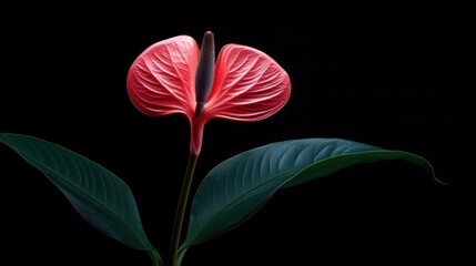 Red anthurium flower with green leaves isolated on black background. Generative AI