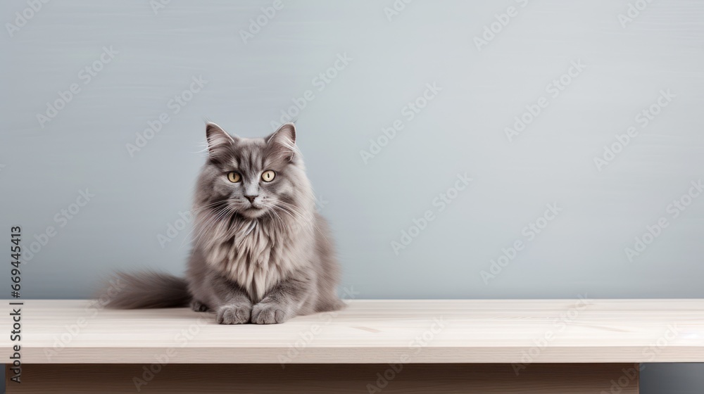 Poster persian cat sitting on a wooden table with copy space, gray background generative ai