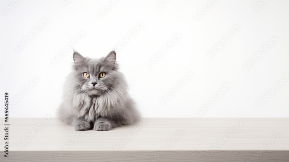 Poster persian cat sitting on a wooden table isolated on a white background generative ai