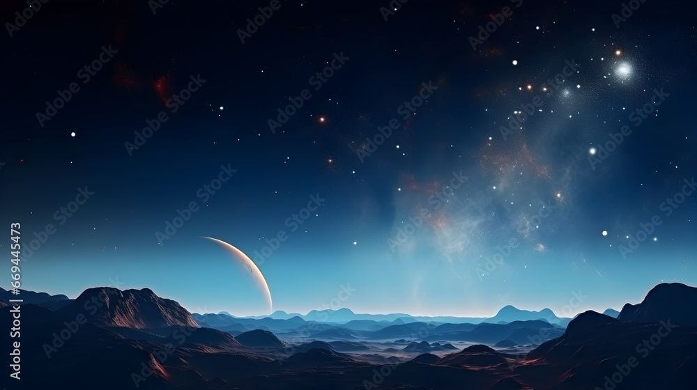 Canvas Prints A breathtaking alien landscape featuring majestic mountains with mesmerizing planets against a starlit cosmic backdrop.