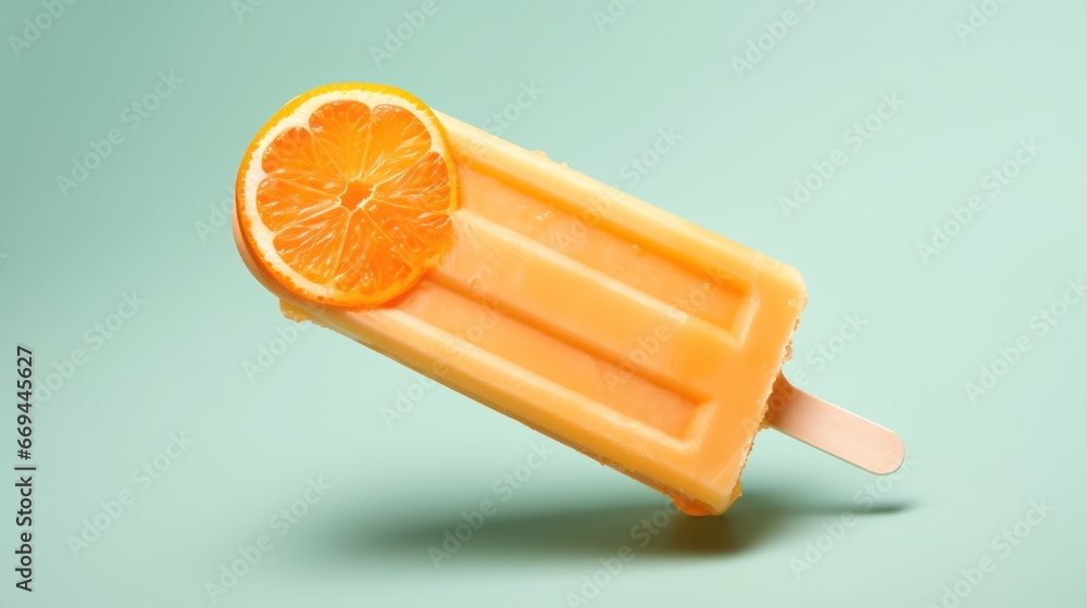 Poster Orange ice cream on a stick with a slice of orange on a blue background Generative AI