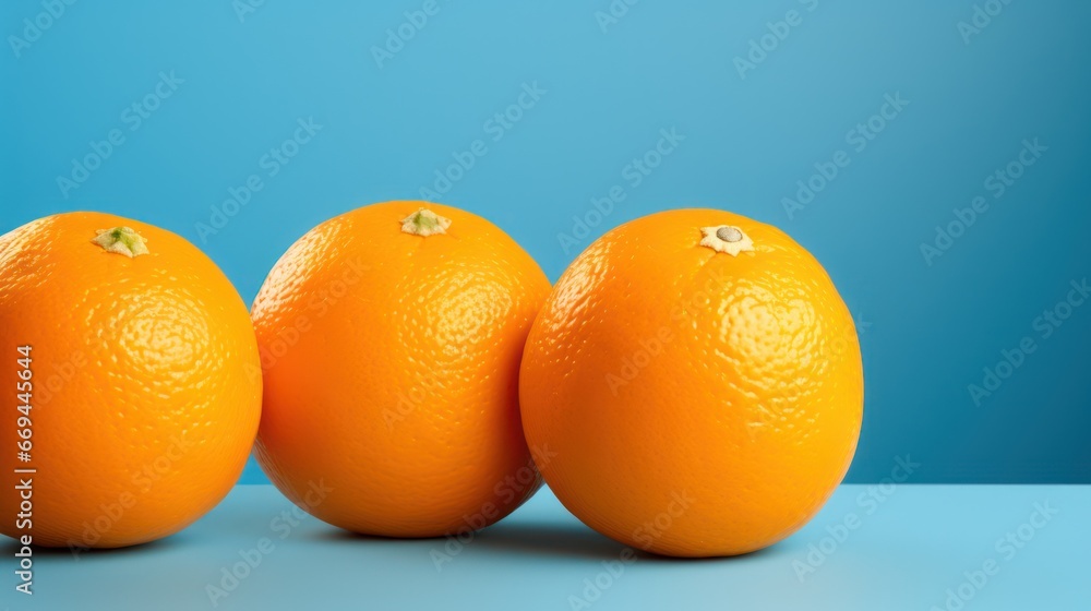 Poster three oranges in a row on blue background. 3d rendering. generative ai