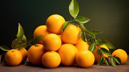 Fresh oranges with green leaves on a dark background. 3d illustration Generative AI