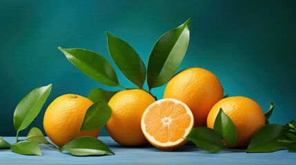 Fresh oranges with green leaves on a blue background. 3d illustration Generative AI