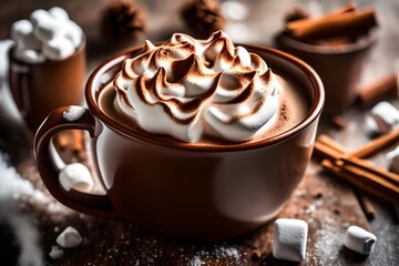 A close-up of a steaming mug of  cocoa topped with whipped cream and marshmallows.
