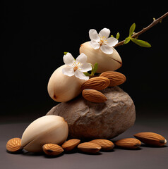 Fototapeta na wymiar Illustration of Almond nuts with leaves and white flowers.