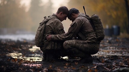 It is a heartbreaking sight as a modern soldier mourns next to his friend's grave. Generative AI
