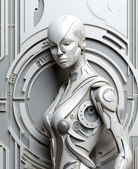 Futuristic sculptural panel of a beautiful young woman. Expressive facial features. Complex geometric shapes. Light gray tones. Close-up. Copy space.