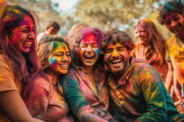 Fototapeta premium Friends celebrate Holi in a public park, vibrant colored powders. Hindu festival.