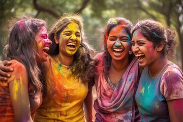 Fototapeta premium Friends celebrate Holi in a public park, vibrant colored powders. Hindu festival.