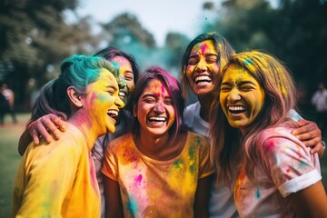 Fototapeta premium Friends celebrate Holi in a public park, vibrant colored powders. Hindu festival.