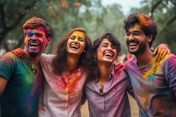 Fototapeta premium Friends celebrate Holi in a public park, vibrant colored powders. Hindu festival.