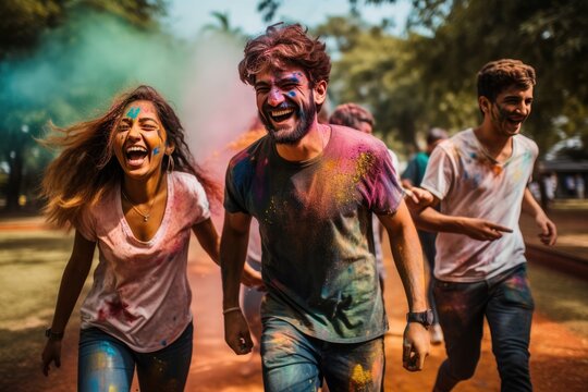 Friends celebrate Holi in a public park, vibrant colored powders. Hindu festival.
