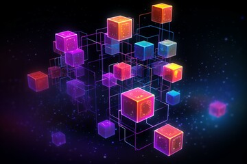An abstract illustration of interconnected blocks in a blockchain system, featuring big data processing, quantum computing, and data transfer technology. Generative AI
