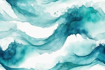 Abstract water ink wave, blue background watercolor texture. Aqua, teal and white ocean wave web, mobile Graphic Resource. Winter snow wave for copy space text backdrop, wavy weather illustration - obrazy, fototapety, plakaty