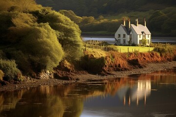 Scenic Irish scenery with a riverside house. Generative AI