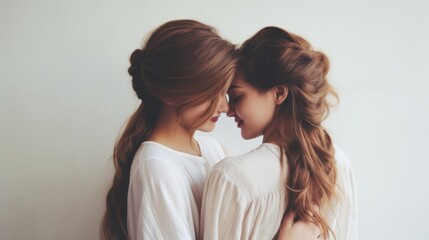 Two beautiful young women in white shirts are looking at each other. Generative AI