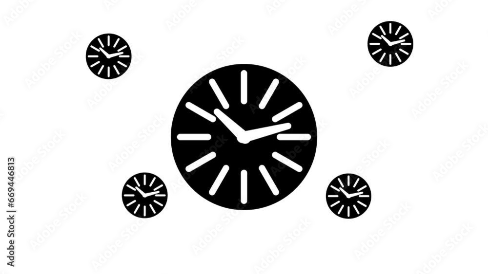 Poster zoom in and out animation the clock symbol. large black symbol in the center and four small symbols 