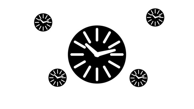 Zoom in and out animation the clock symbol. Large black symbol in the center and four small symbols around. Seamless looped 4k animation on white background