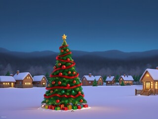 Christmas background Christmas tree with balls and gifts. 3D design