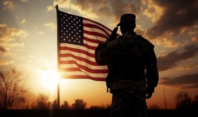 Solder standing in front of USA flag at sunrise. Concept for Memorial Day, Independence day, 4tf of July, Patriot Day, Veterans Day. Generative AI