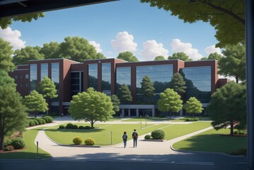 Modern Campus: Community College Buildings Illustration Created With Generative Ai - obrazy, fototapety, plakaty