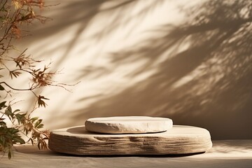 Minimal modern product display on neutral beige background. Wood slice podium and green leaves. Concept scene stage showcase for new product, promotion sale. generative ai.