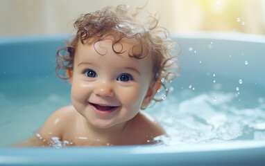 Adorable curly baby boy taking bath in blue tub