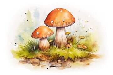 Watercolour illustration porcini on a forest autumn