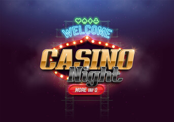 Shining sign Casino Night with retro neon billboard. Vector illustration. - obrazy, fototapety, plakaty