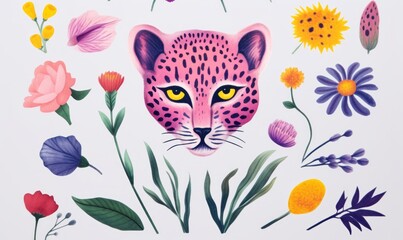 Pink Leopard Cheetah Creature, Watercolor clipart sticker set, retro, vintage, botanical, floral, soft colourful, pastels, pinks and purples, psychedelic art, analog look, old school, tattoo arty - obrazy, fototapety, plakaty