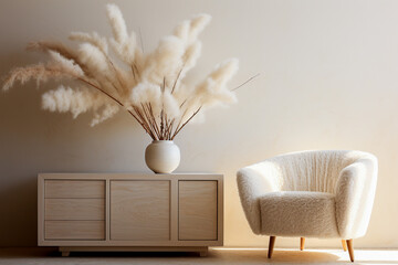 Living room interior mockup with chair and pampas grass on tv cabinet 