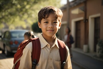 Picture of a little boy standing outside of the school 