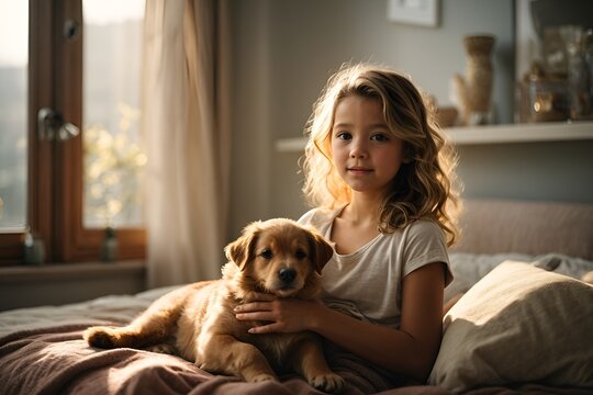Picture of a little girl holding a puppy sitting in the room