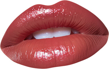 Close-up of sexy, beautiful red female lips isolated on a transparent background - obrazy, fototapety, plakaty