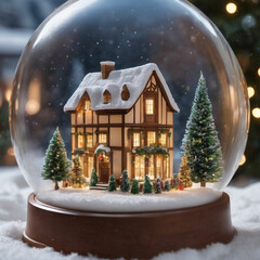 Christmas beautiful Christmas scene cottage in snow globe background