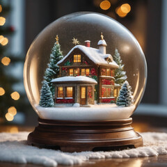 Christmas beautiful Christmas scene cottage in snow globe background