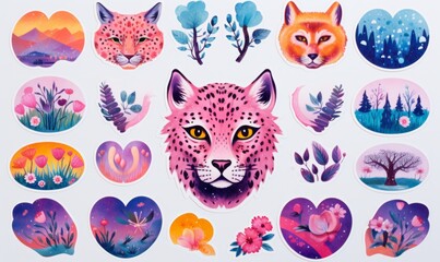 Obraz na płótnie Canvas Pink Leopard Cheetah Creature, Watercolor clipart sticker set, retro, vintage, botanical, floral, soft colourful, pastels, pinks and purples, psychedelic art, analog look, old school, tattoo arty