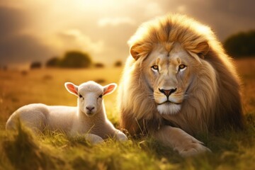 lion and lamb lie together in the meadow, millennium, biblical prophecy, Generative AI