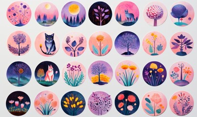 Botanical Cats and Landscapes - Pastel Watercolor Sticker Set Clipart, Soft colors, retro, vintage, colorful collection, floral cats, pretty pinks, purple and orange, peaceful