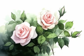 flower rose with green leaves, art illustration painted with watercolors isolated on white background, Generative AI