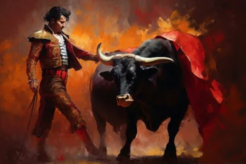 Rolgordijnen Matador, bullfighter fights bull in the arena, art illustration painted, Generative AI © Shutter Symphony