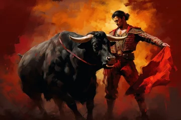Foto op Aluminium Matador, bullfighter fights bull in the arena, art illustration painted, Generative AI © Shutter Symphony